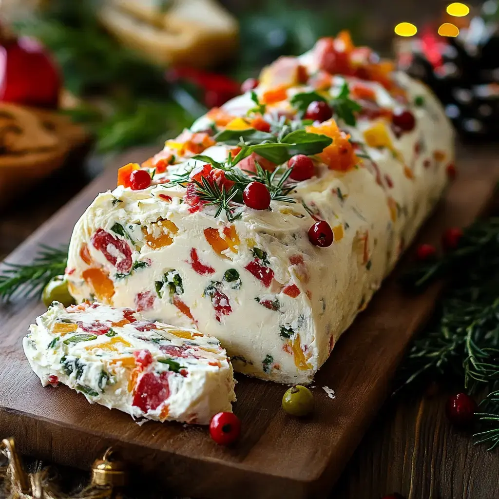 A colorful cheese log with herbs, bell peppers, and cranberries, garnished with fresh greens, sits on a wooden board.