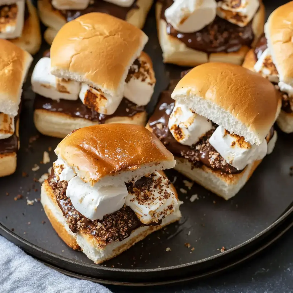 A plate of sweet dessert sliders features small buns filled with chocolate, toasted marshmallows, and a sprinkling of graham cracker crumbs.