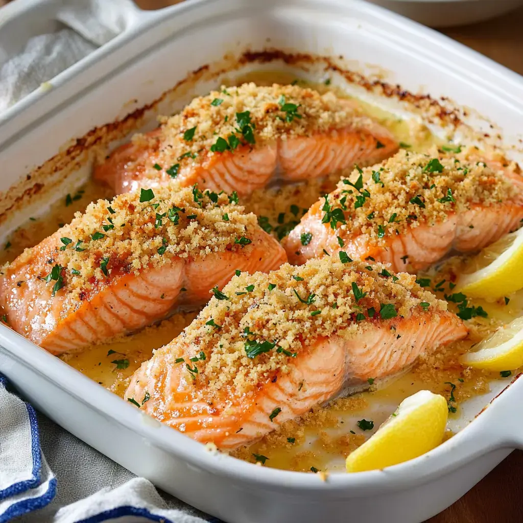 Baked salmon fillets topped with breadcrumbs and parsley, served with lemon wedges in a white dish.