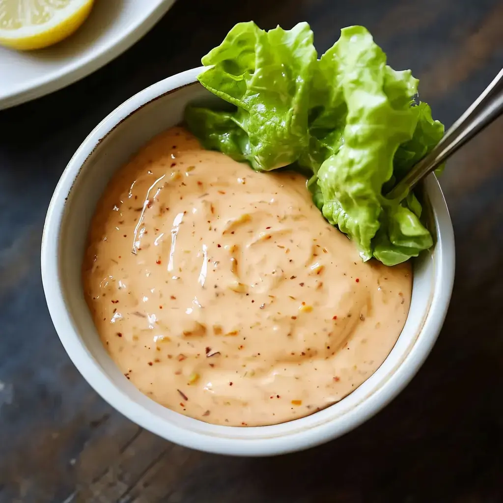 A bowl of creamy pink sauce with flecks of spices, topped with fresh green lettuce leaves.