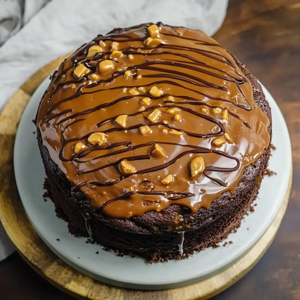 A decadent chocolate cake topped with a glossy layer of caramel, drizzled with chocolate, and sprinkled with toffee bits.