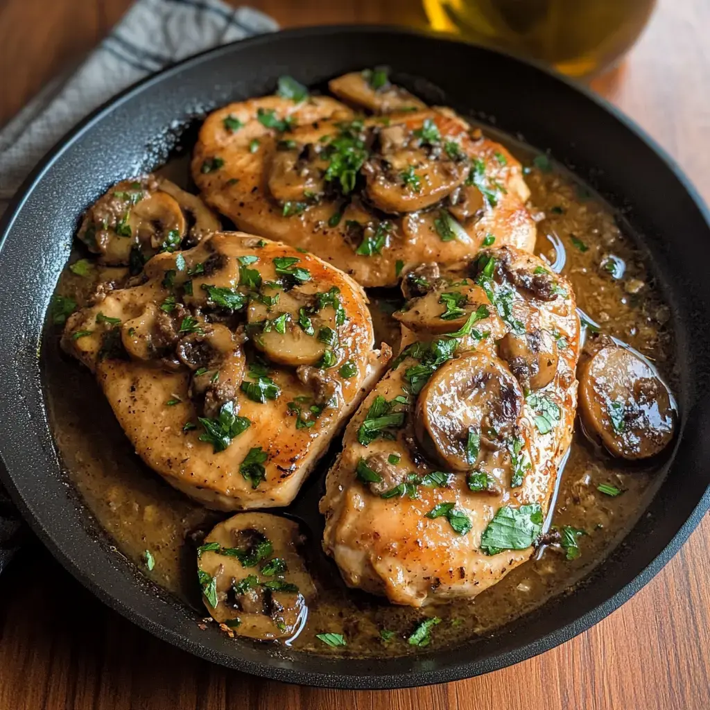 A close-up of three chicken breasts topped with sautéed mushrooms and herbs, served in a black skillet.