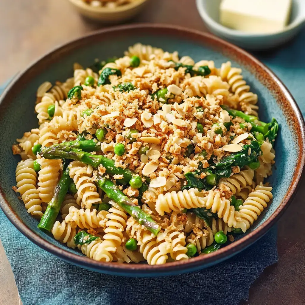 A bowl of rotini pasta mixed with asparagus, green peas, and topped with crunchy breadcrumbs and sliced almonds.