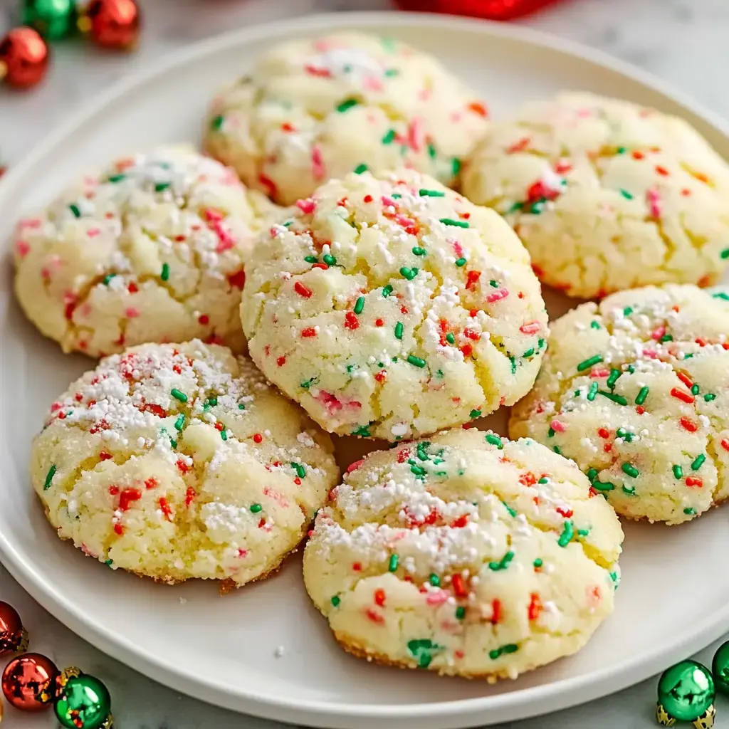 A plate of festive sugar cookies decorated with red and green sprinkles and powdered sugar.