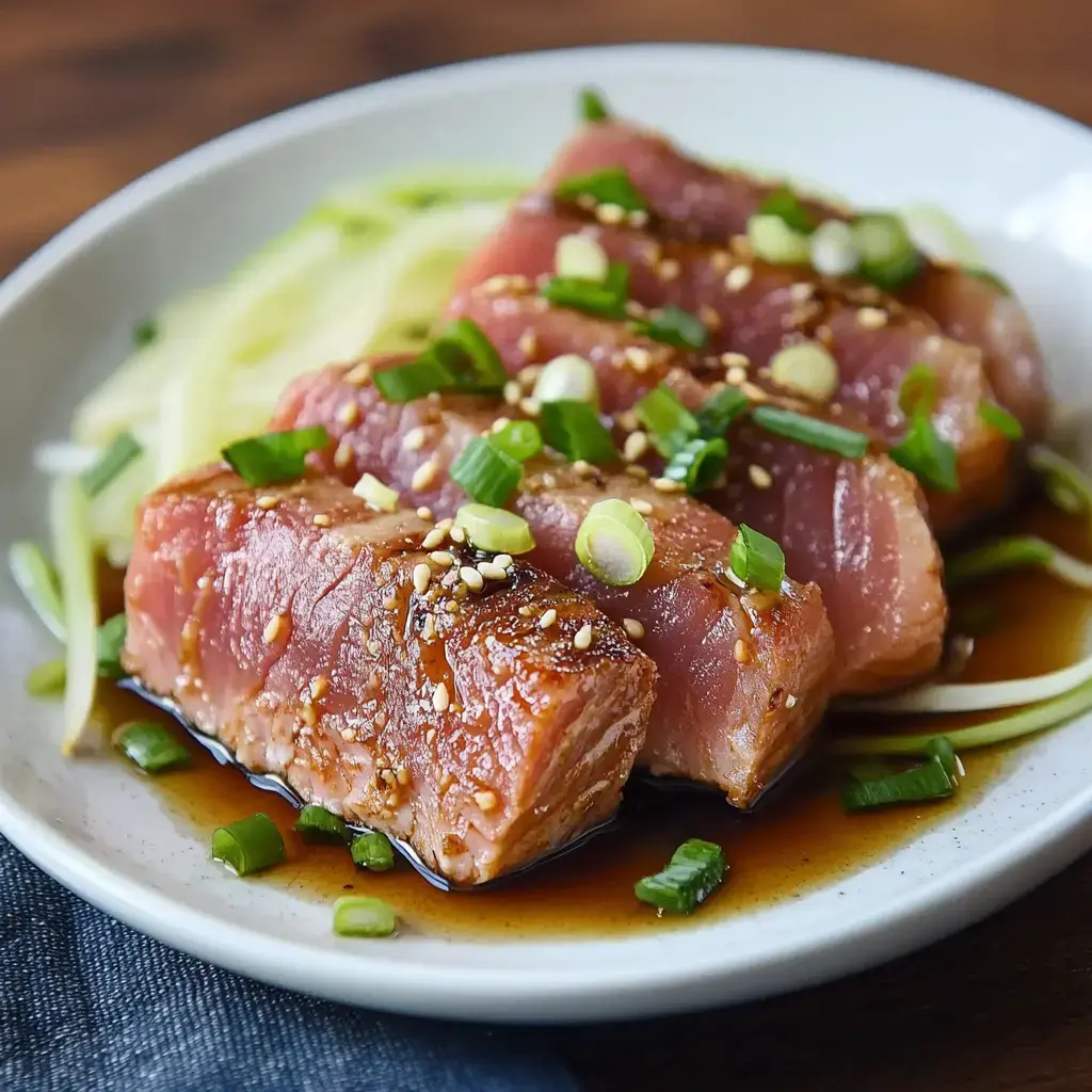 A plate of marinated tuna slices garnished with green onions and sesame seeds, served atop a bed of shredded cucumber.