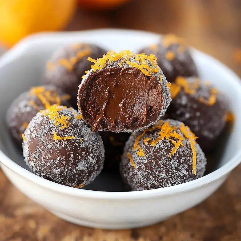 A close-up of chocolate truffles coated in sugar and topped with orange zest, displayed in a white bowl.