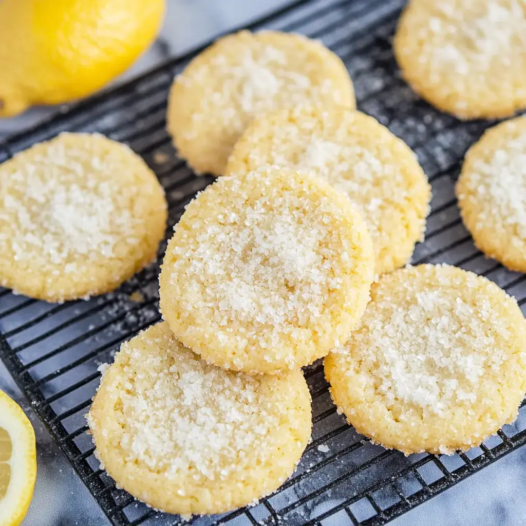 A plate of round, light yellow lemon cookies topped with granulated sugar sits on a cooling rack, with a whole lemon in the background.