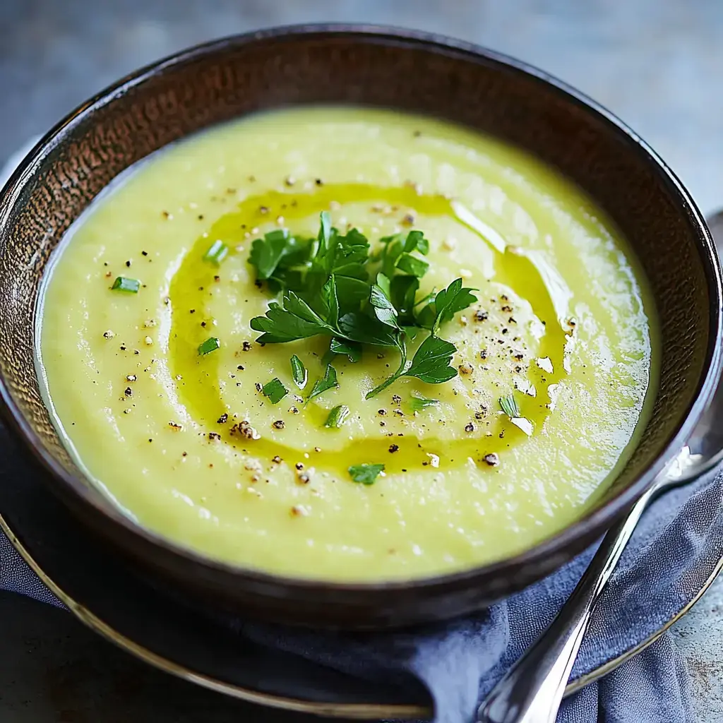 A bowl of creamy yellow soup garnished with fresh herbs and a drizzle of olive oil.