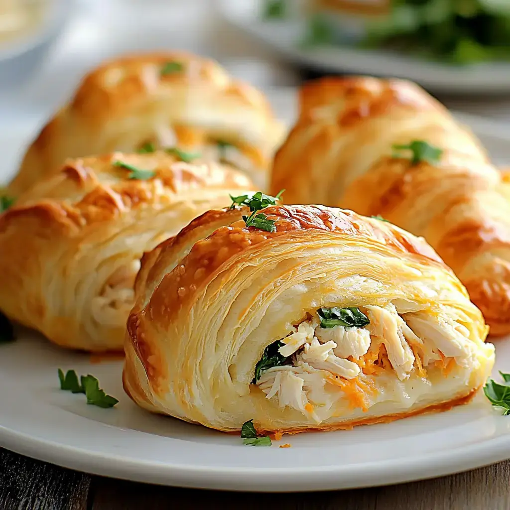 A close-up of flaky, golden-brown croissants filled with chicken, spinach, and cheese, garnished with parsley on a white plate.