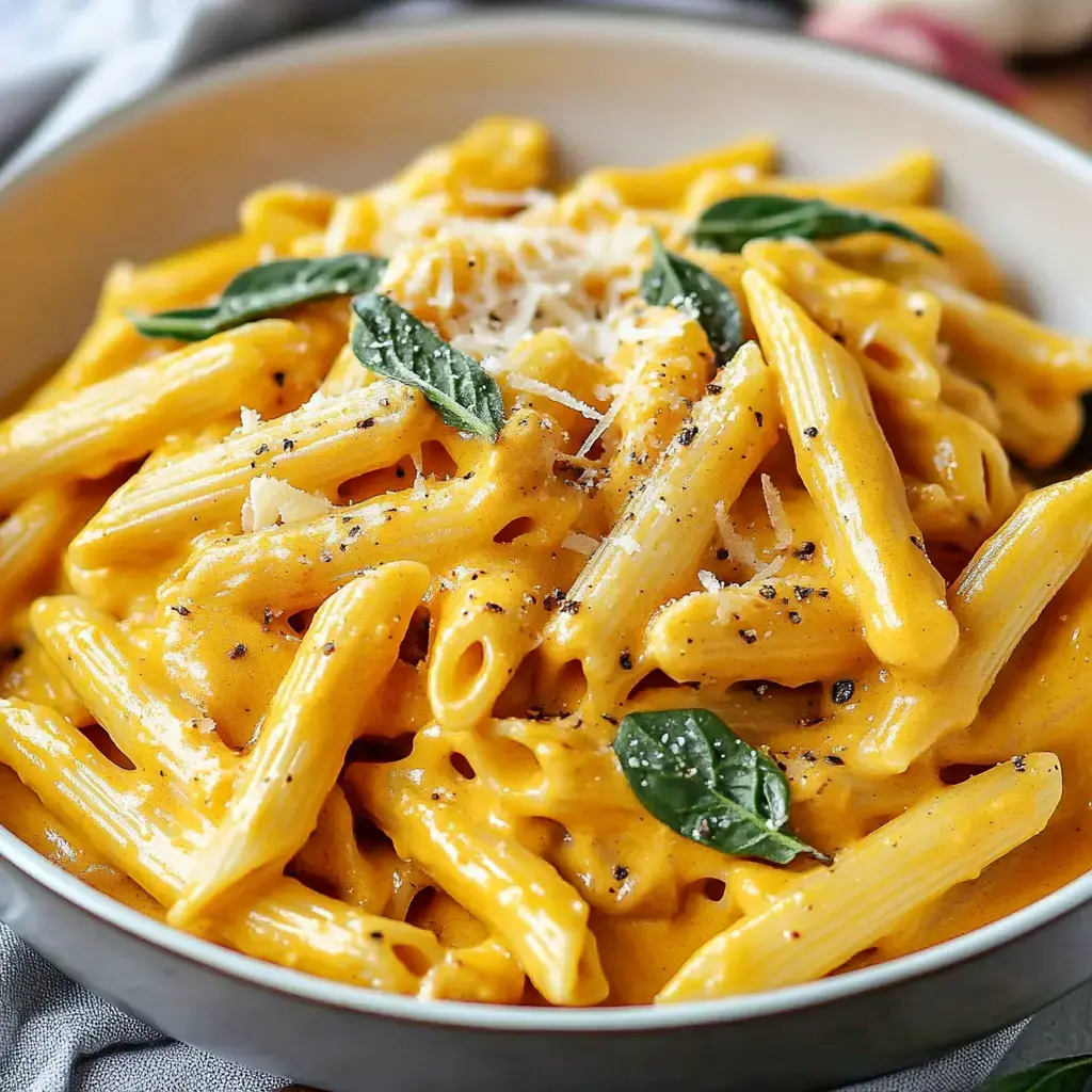 A bowl of creamy pumpkin pasta topped with grated cheese and fresh basil leaves.