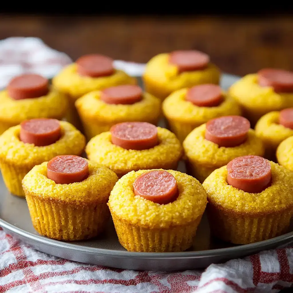 The image shows a tray of cornbread muffins topped with sliced hot dogs.