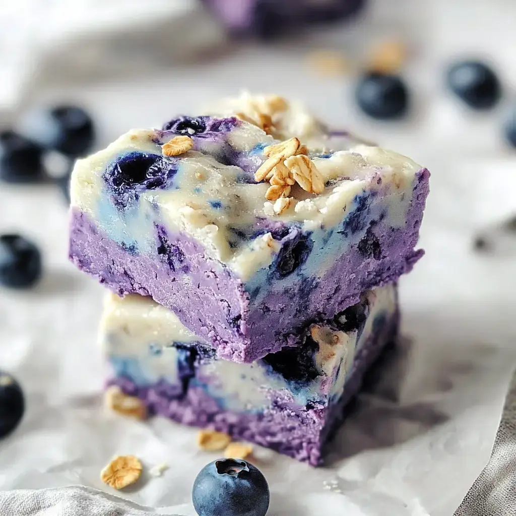 A close-up of two layered blueberry dessert squares topped with oats, surrounded by fresh blueberries on a white surface.