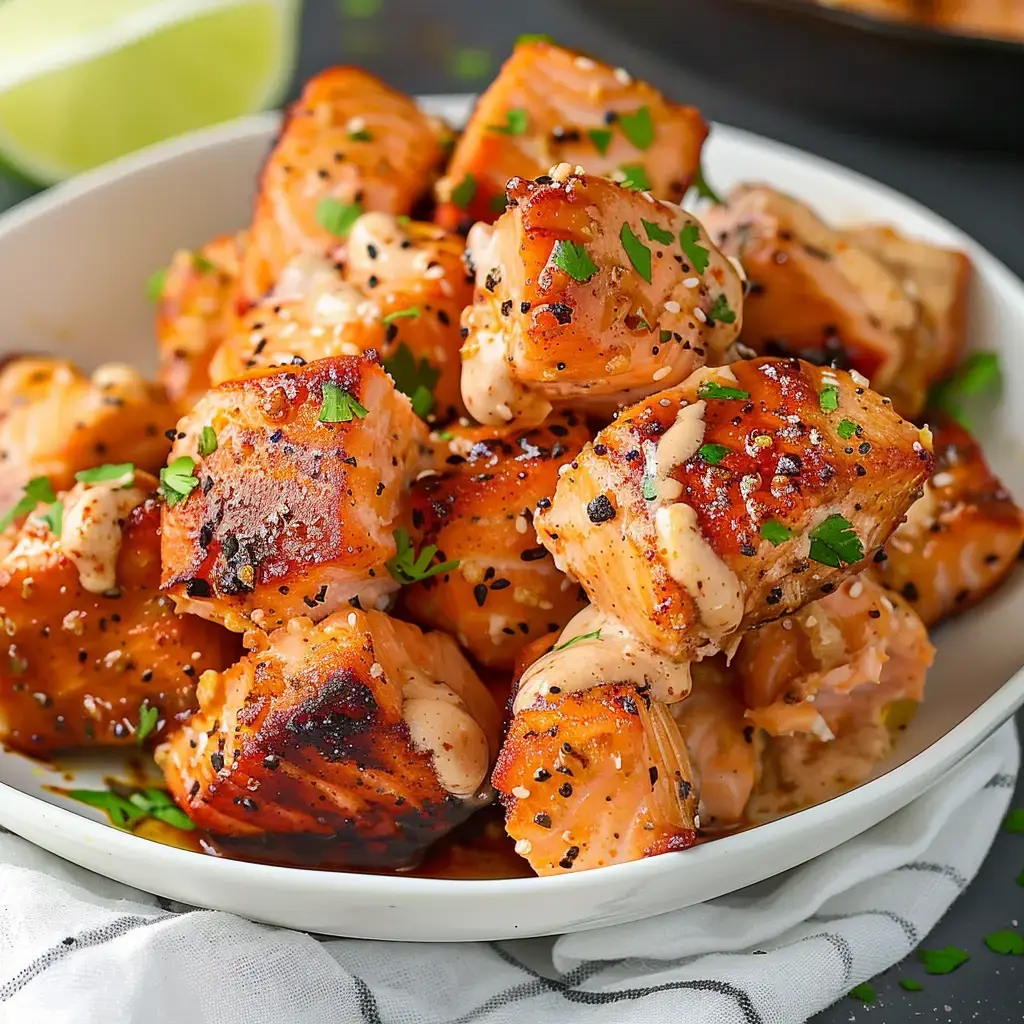 A plate of succulent grilled salmon bites drizzled with sauce and garnished with chopped parsley.