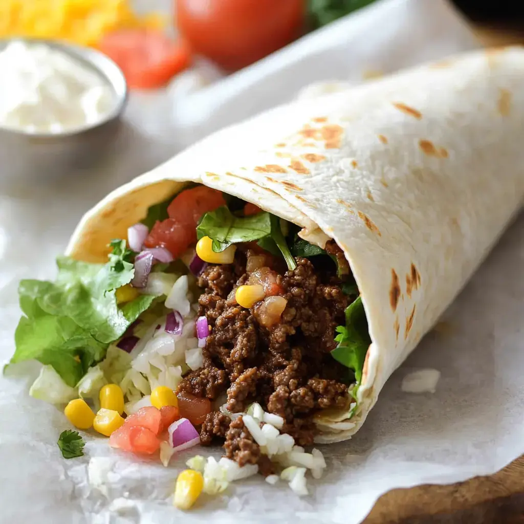 A close-up of a tortilla wrap filled with seasoned ground beef, lettuce, tomatoes, corn, and onions, accompanied by a small bowl of sour cream and sliced tomatoes in the background.