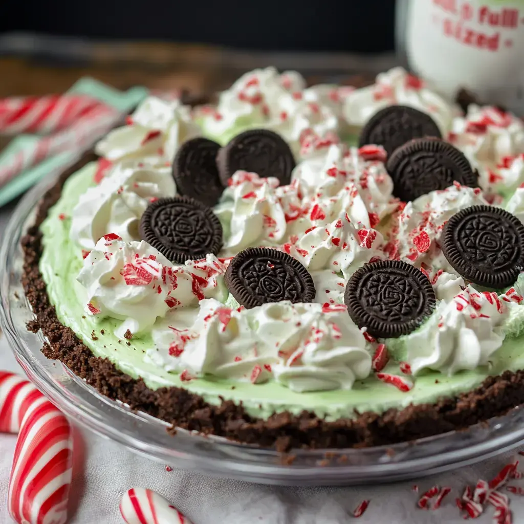 A festive mint pie topped with whipped cream, crushed peppermint, and Oreo cookies, surrounded by striped candy canes.