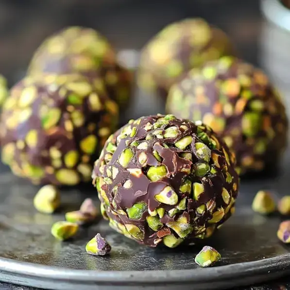 A close-up of chocolate-coated truffles covered in chopped pistachios, arranged on a dark plate with some loose pistachio pieces scattered around.