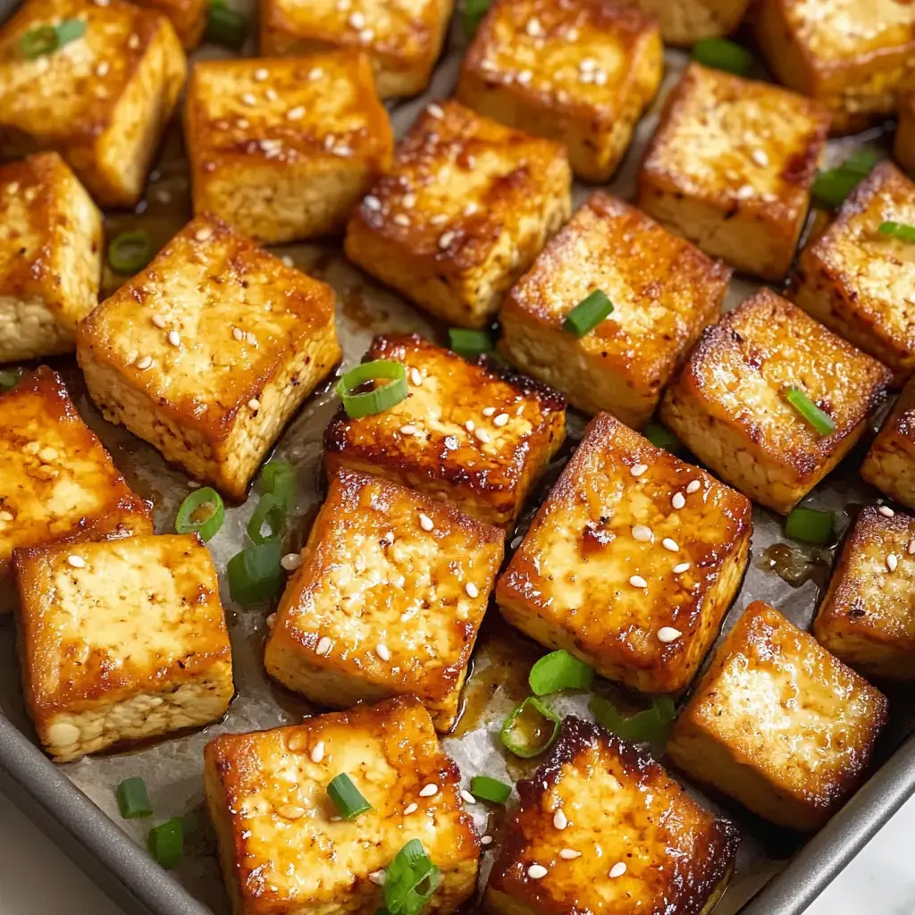 A tray of golden, cubed, caramelized tofu garnished with green onions and sesame seeds.