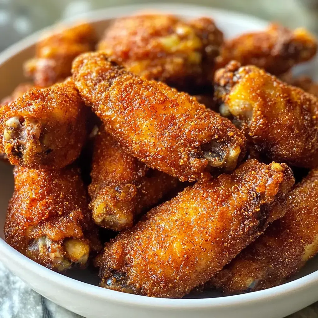 A close-up view of a bowl filled with crispy, seasoned chicken wings.