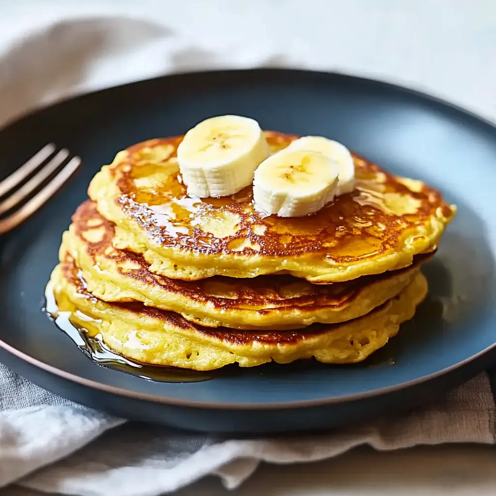 A stack of three golden pancakes topped with banana slices and drizzled with syrup, served on a dark plate.