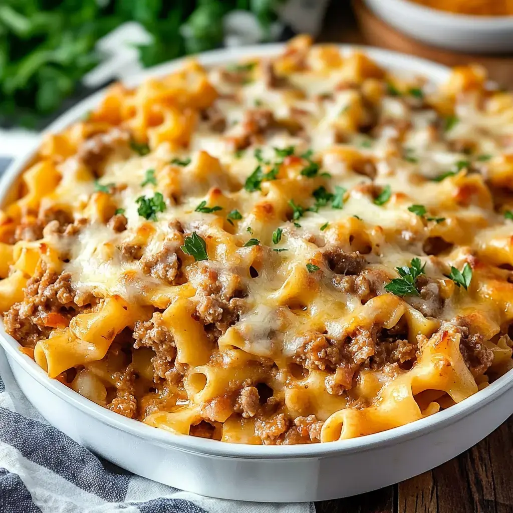 A close-up view of a dish filled with cheesy pasta mixed with ground meat and garnished with fresh parsley.