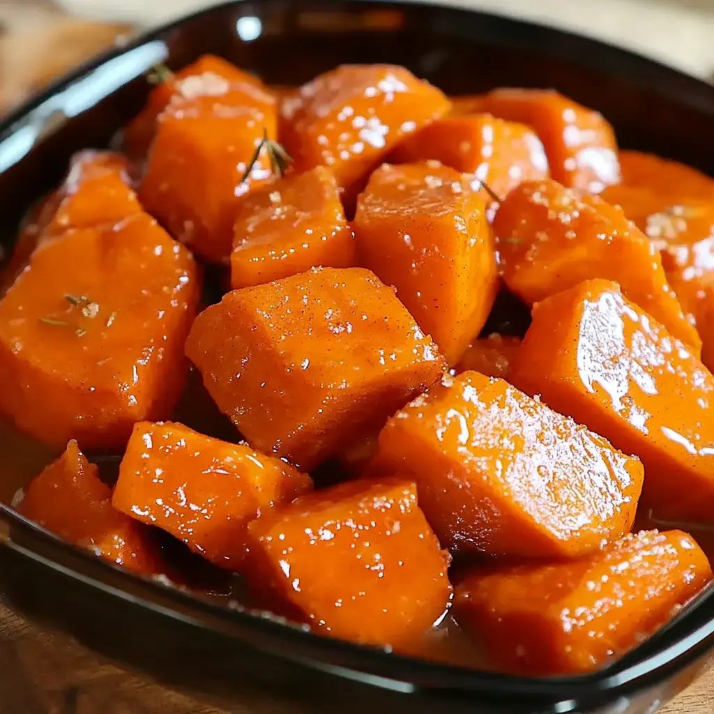 A close-up of a black bowl filled with glazed, cooked sweet potato chunks, garnished with herbs.