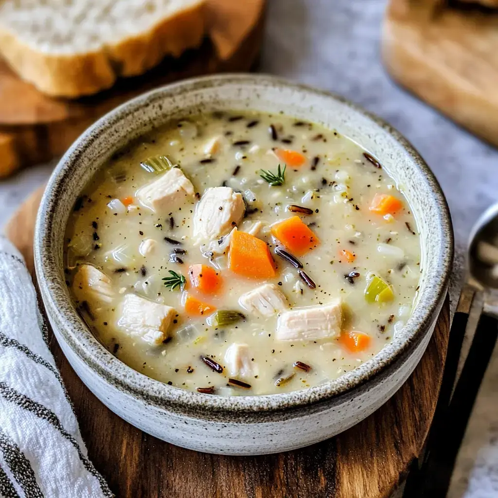 A bowl of creamy chicken and wild rice soup with chunks of chicken, carrots, and celery, served on a wooden cutting board.