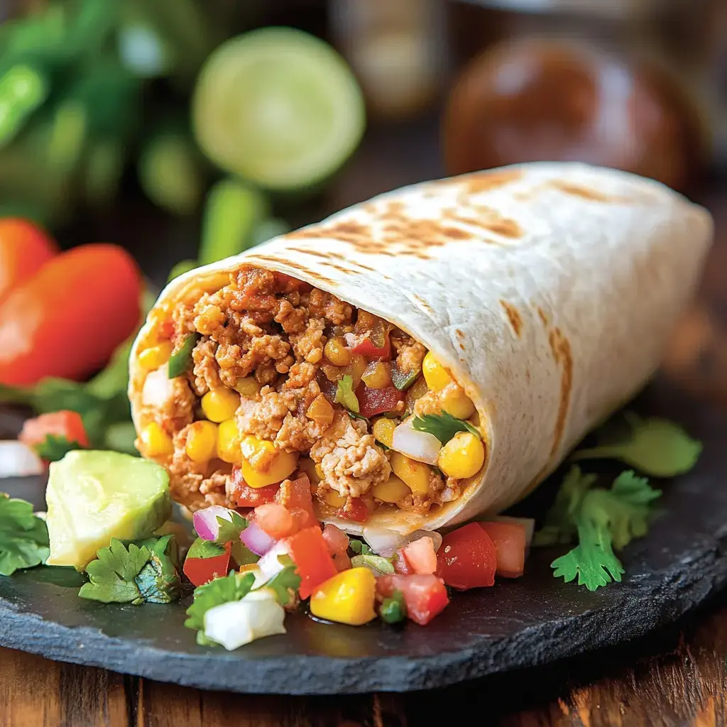 A close-up of a burrito filled with seasoned meat, corn, and colorful vegetables, served on a slate plate with fresh toppings like avocado and diced tomatoes.