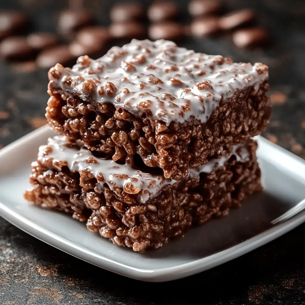 Two stacked chocolate rice crispy treats with a glossy white icing on a small white plate.