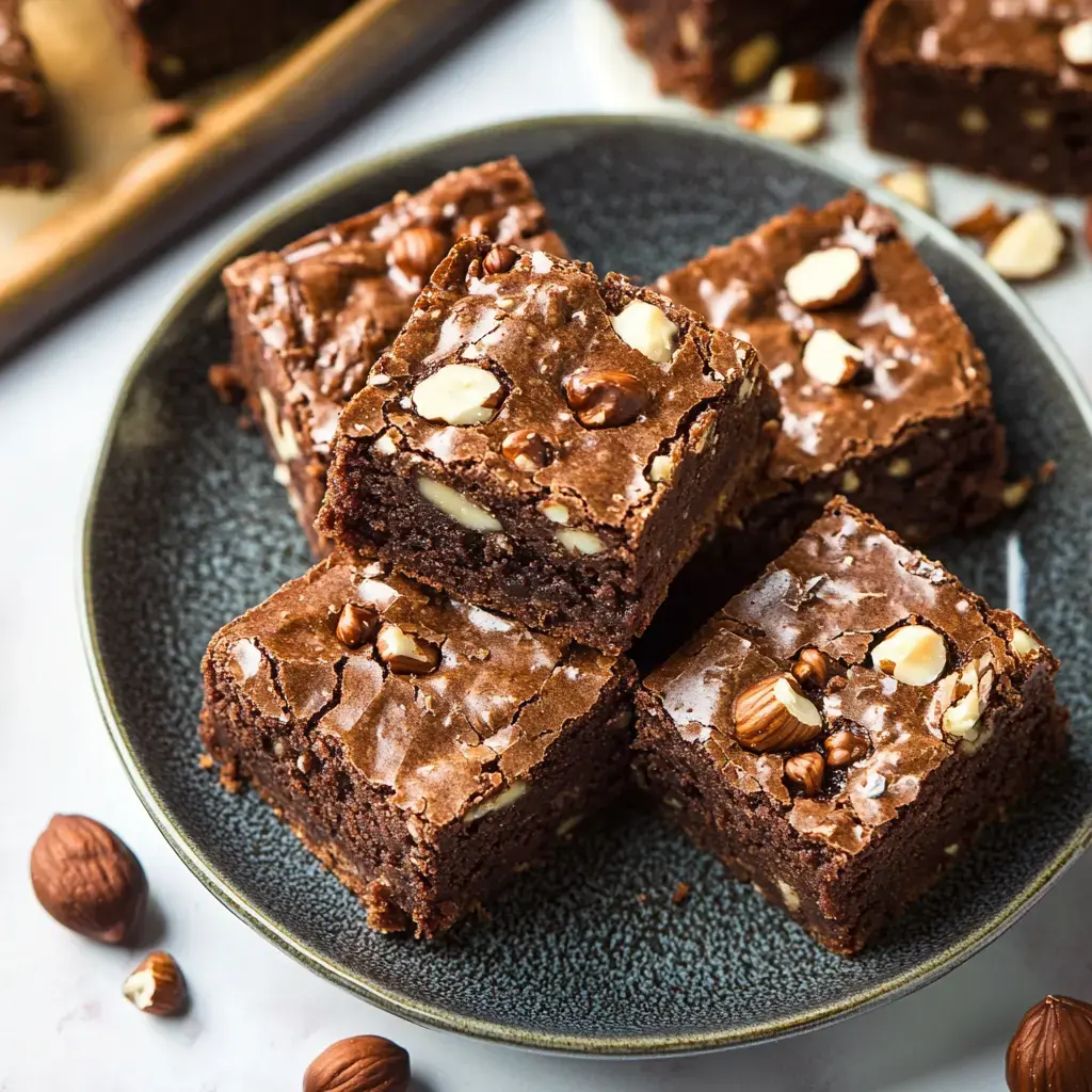 A close-up view of a plate filled with chocolate brownies topped with white and dark chocolate pieces, accompanied by hazelnuts scattered around.