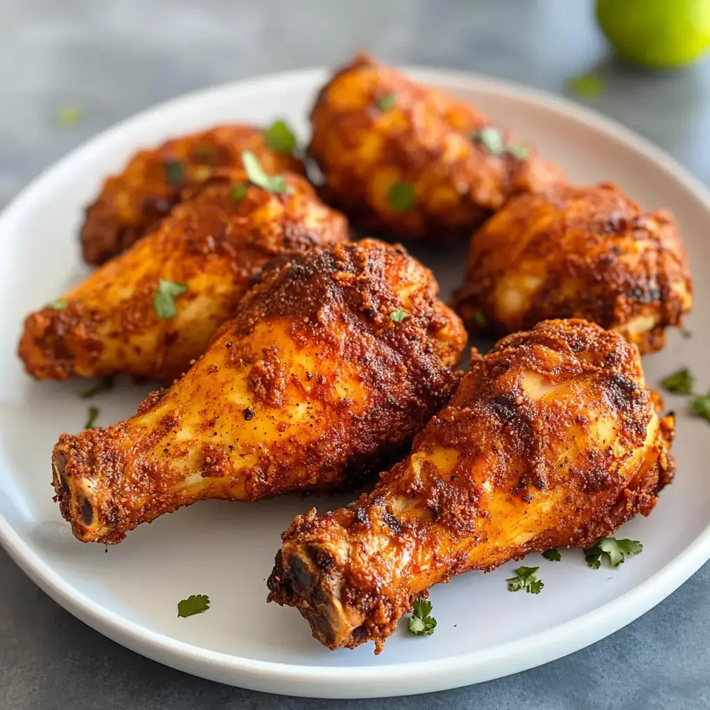 A plate of spicy, seasoned chicken drumsticks garnished with fresh herbs.