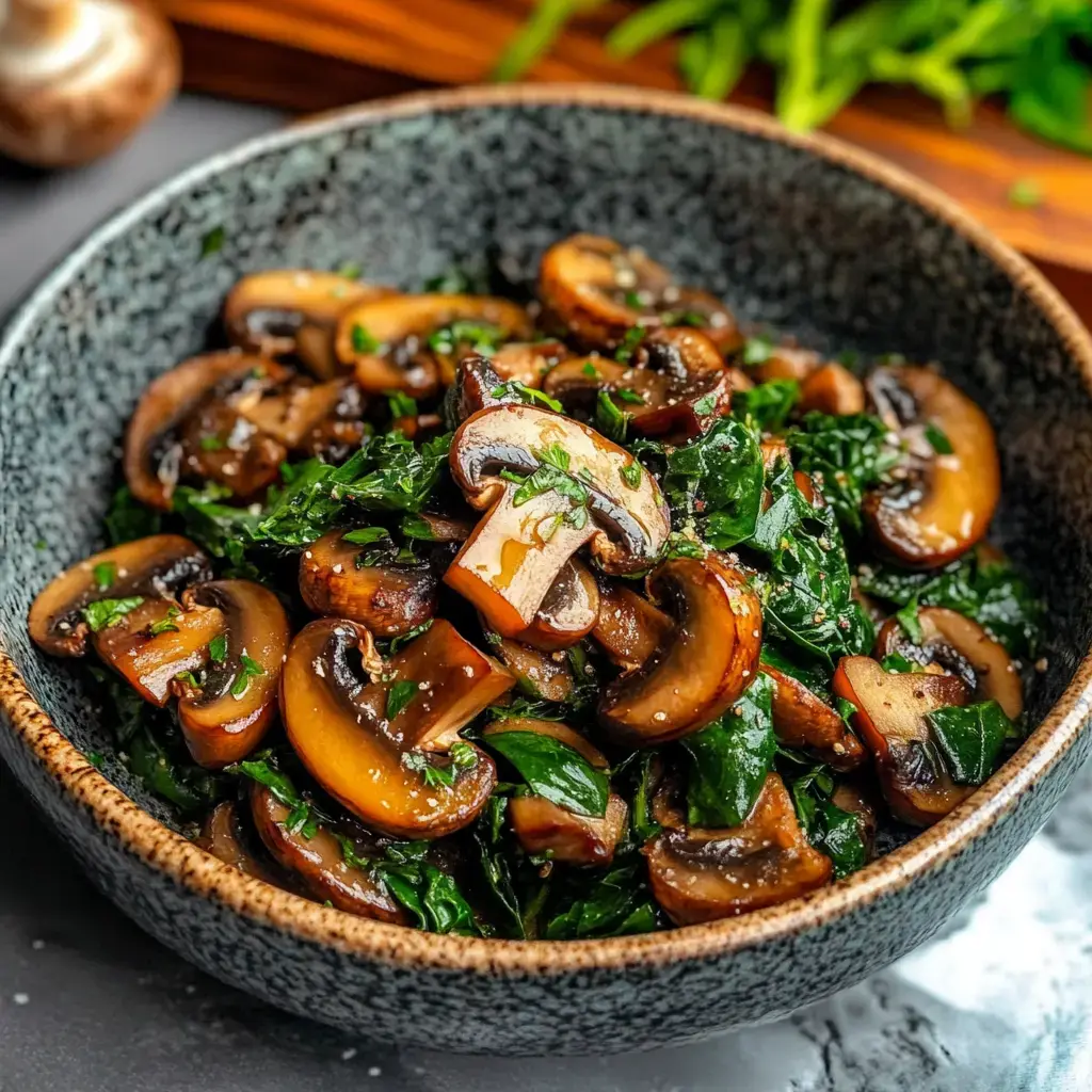 A bowl of sautéed mushrooms mixed with leafy greens, garnished with herbs.