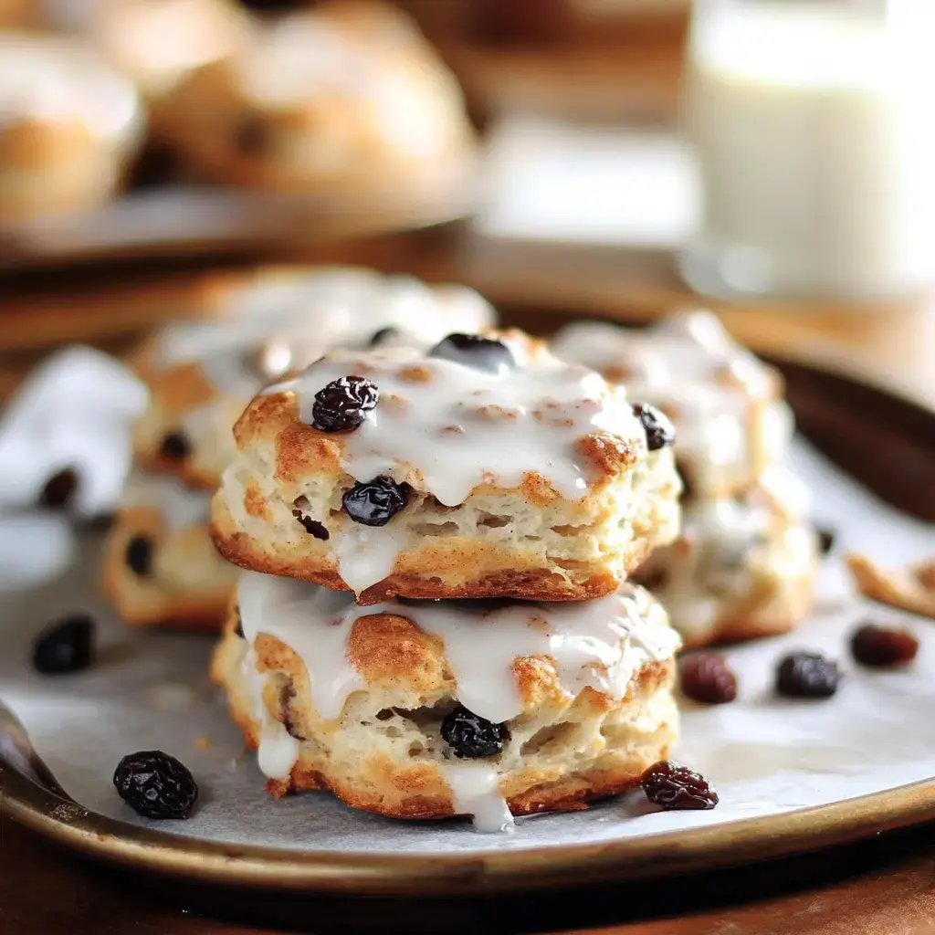 A close-up of glazed biscuits topped with raisins, arranged on a plate with a glass of milk in the background.