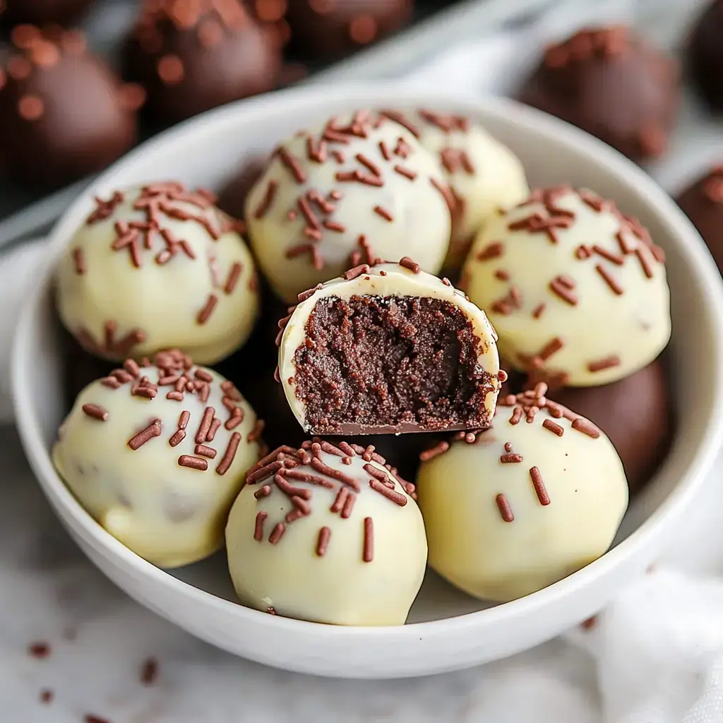 A bowl of chocolate truffles coated in white chocolate and sprinkled with chocolate shavings, with one truffle cut in half to reveal a moist chocolate center.