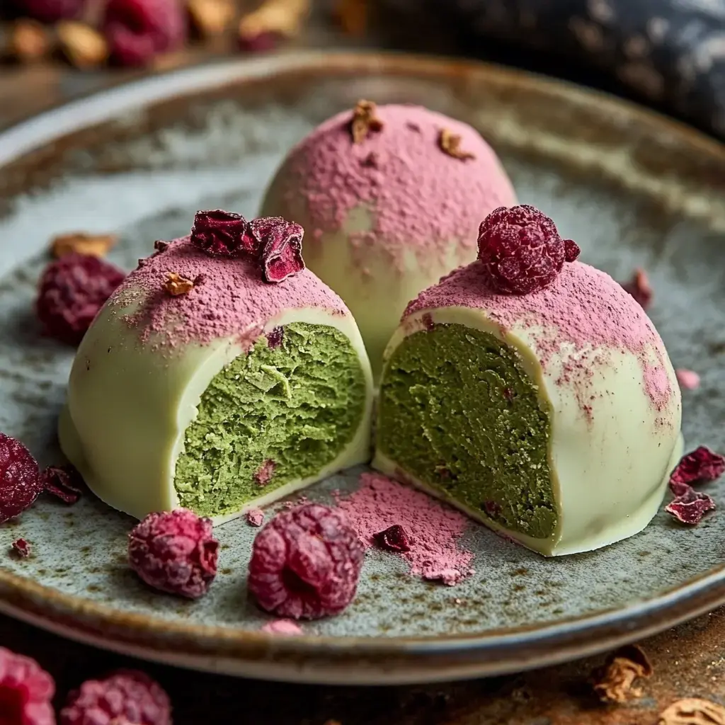 A plate of three spherical matcha desserts, coated in white chocolate and topped with pink raspberry powder, accompanied by scattered dried raspberries.