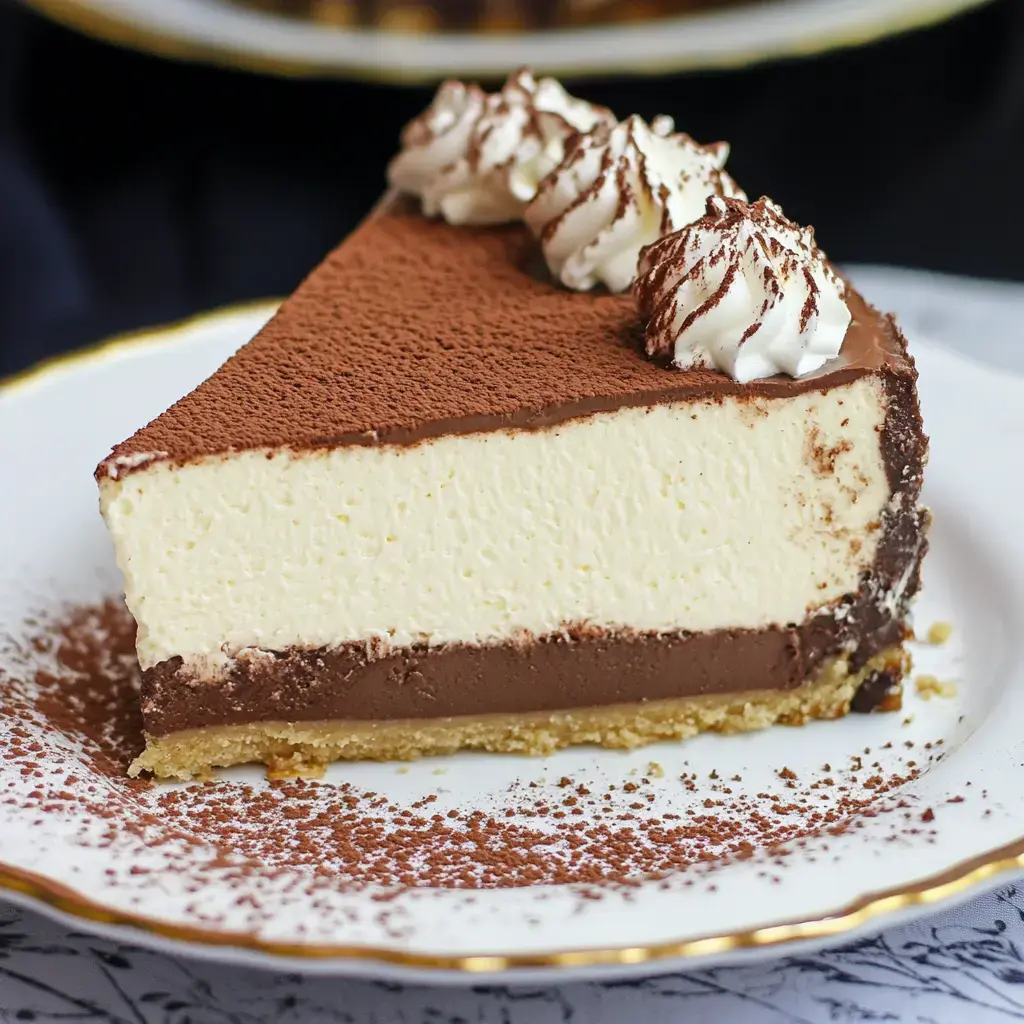 A slice of layered chocolate and cream cake topped with whipped cream and cocoa powder, served on a decorative plate.