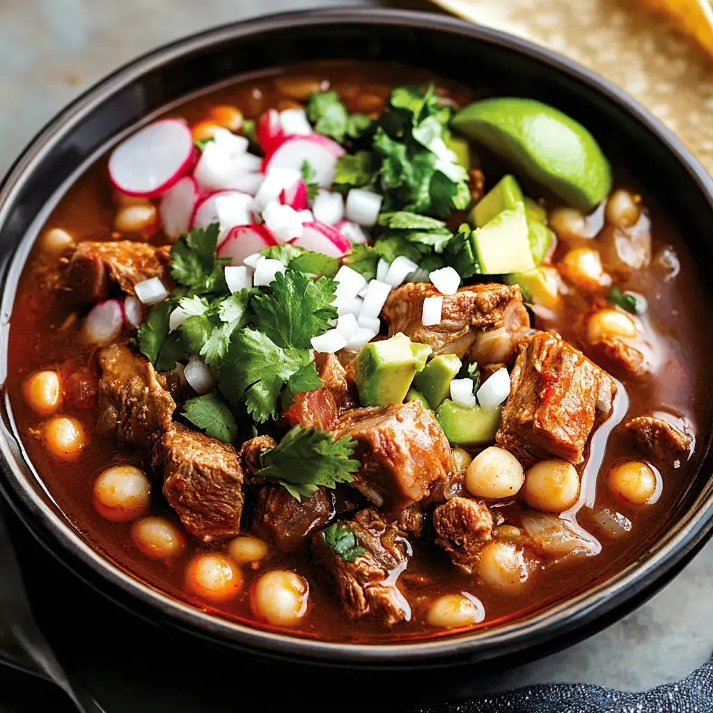 A bowl of hearty meat and hominy soup topped with radishes, avocado, cilantro, and lime wedges.