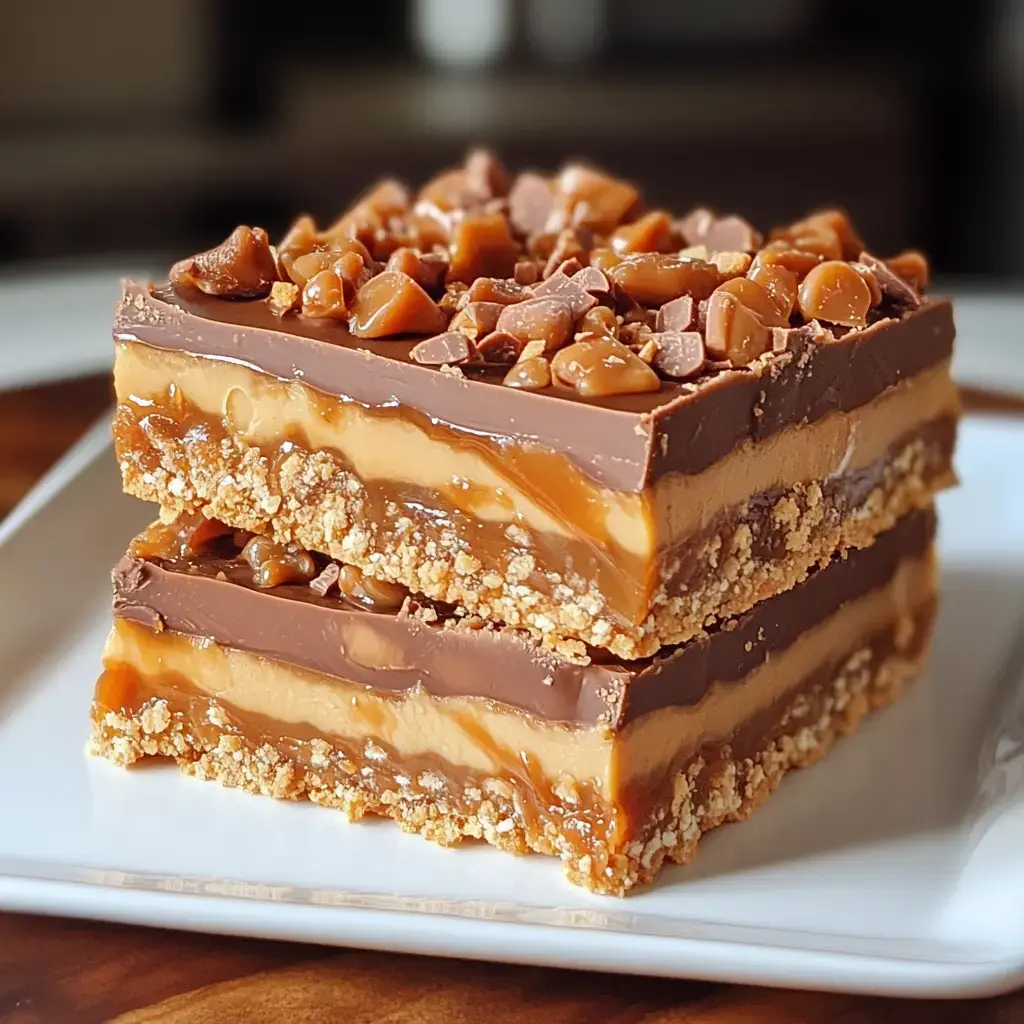 A close-up of two layered dessert bars featuring chocolate, caramel, and a crunchy base, topped with chocolate chips and caramel pieces.