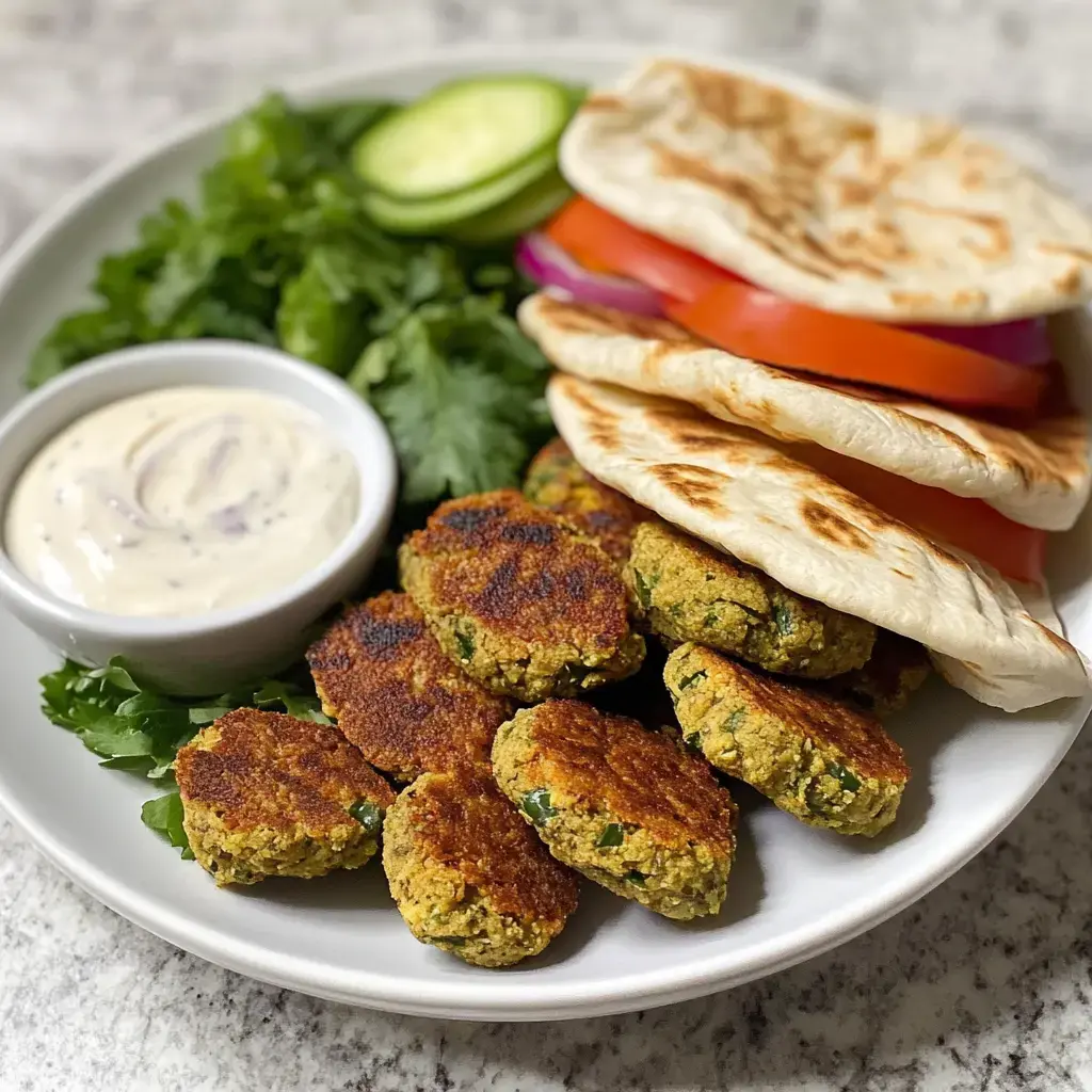 A plate of golden-brown falafel patties accompanied by a bowl of creamy sauce, fresh vegetables, herbs, and flatbread.