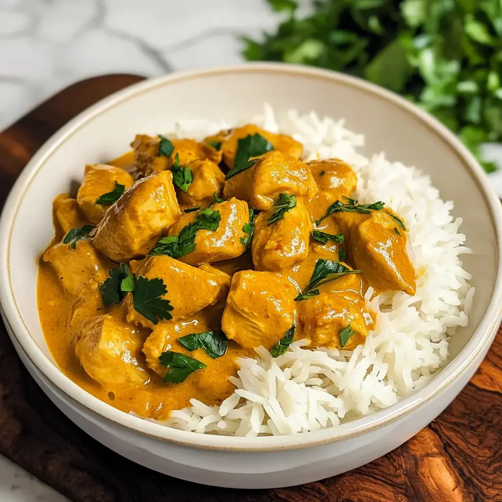 A bowl of chicken curry with cilantro served over a bed of white rice.