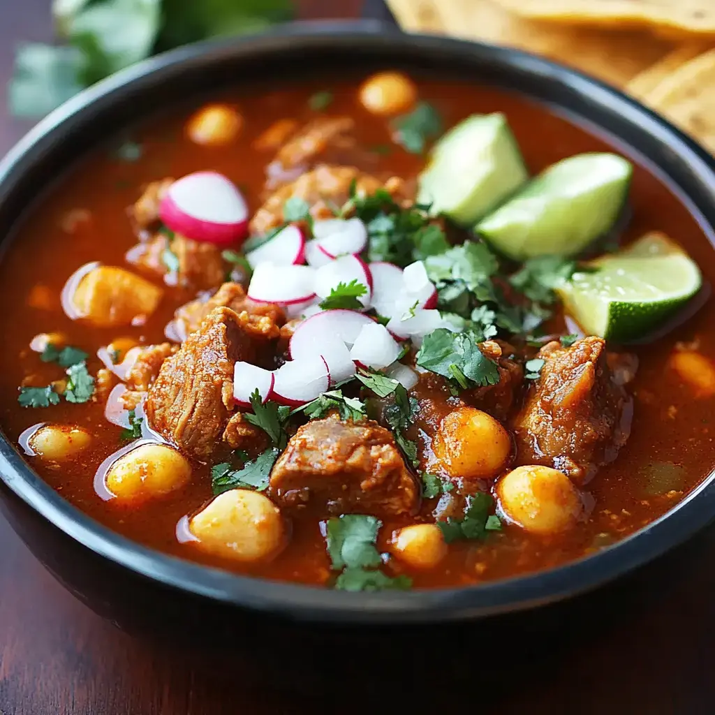 A bowl of hearty beef stew garnished with radishes, cilantro, and lime wedges, accompanied by tortilla chips.