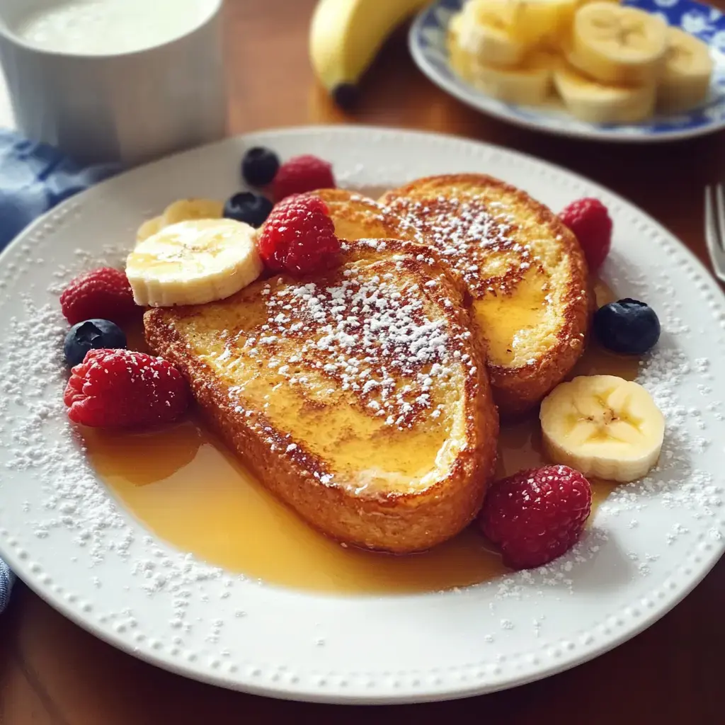 A plate of French toast topped with powdered sugar, fresh raspberries, blueberries, and banana slices, served with a side of syrup and a glass of milk.