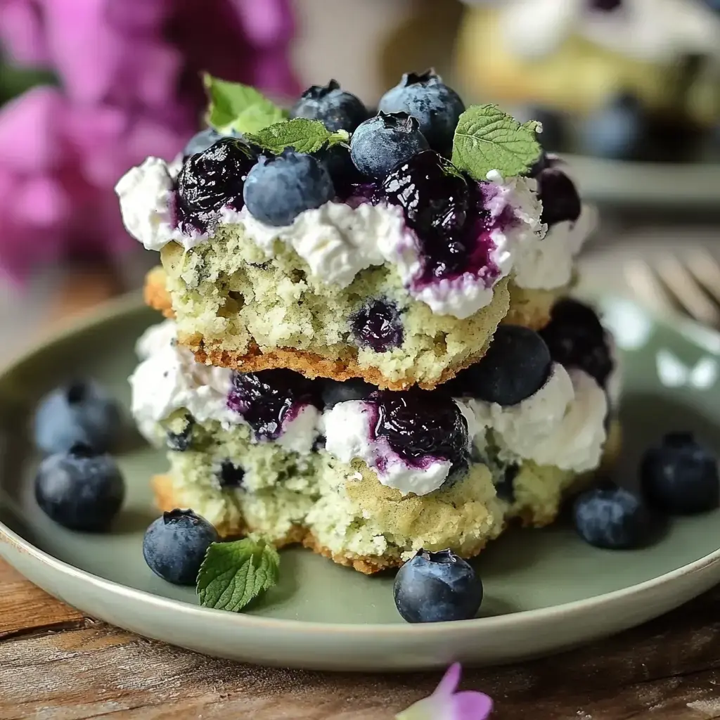 A stack of blueberry cake topped with whipped cream and fresh blueberries, garnished with mint leaves, placed on a green plate.