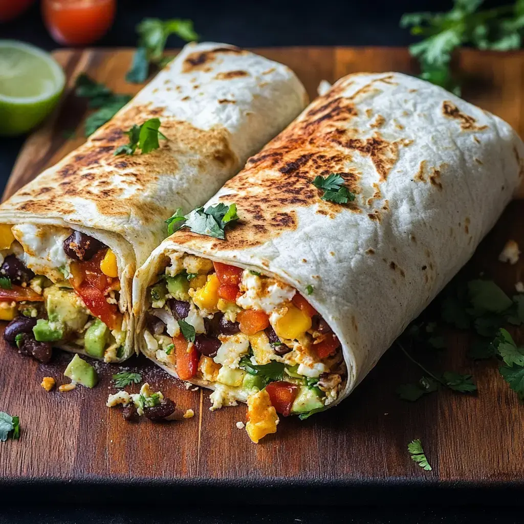 Two grilled burritos filled with scrambled eggs, black beans, diced vegetables, and garnished with cilantro, resting on a wooden cutting board.