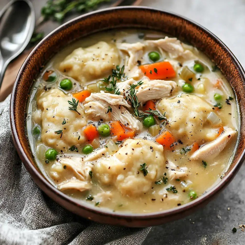 A bowl of chicken and dumpling soup with pieces of shredded chicken, carrots, peas, and garnished with thyme.