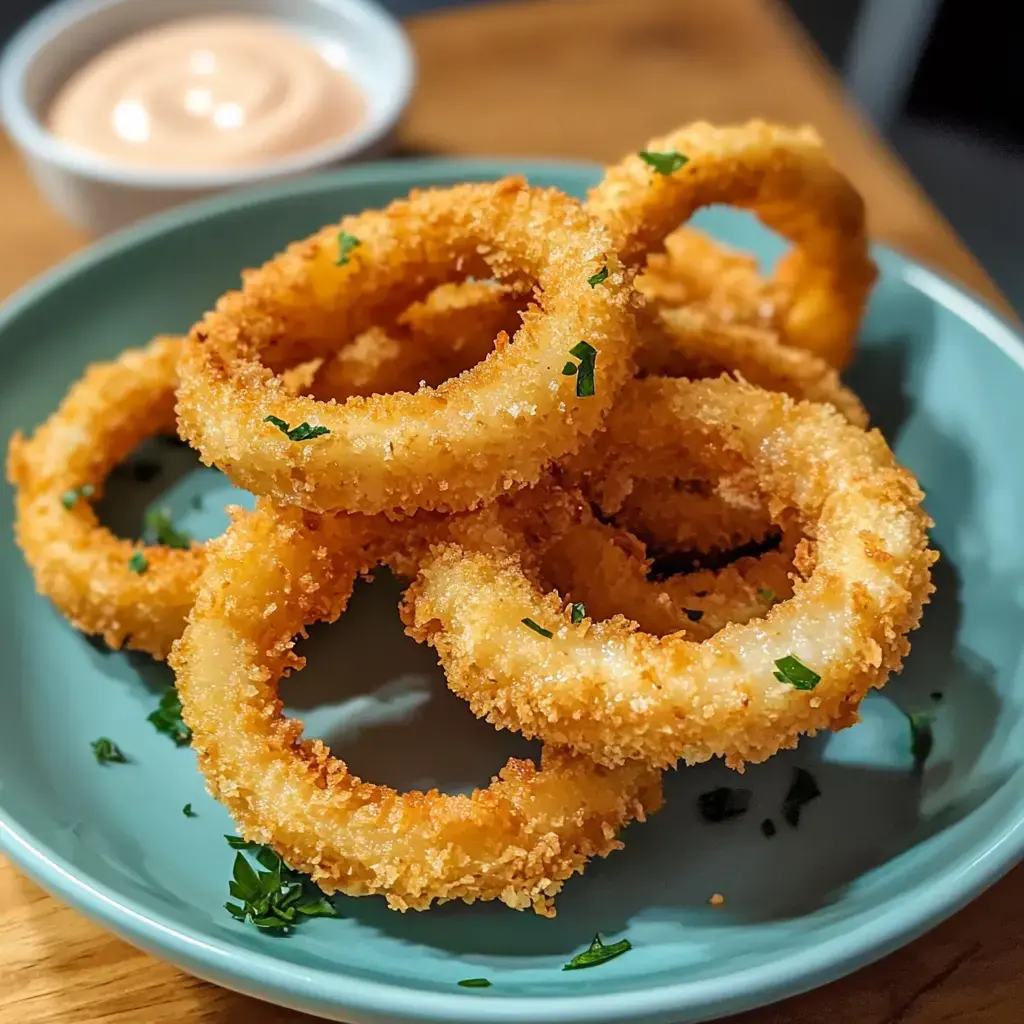 A plate of golden, crispy onion rings garnished with parsley, served alongside a small bowl of dipping sauce.