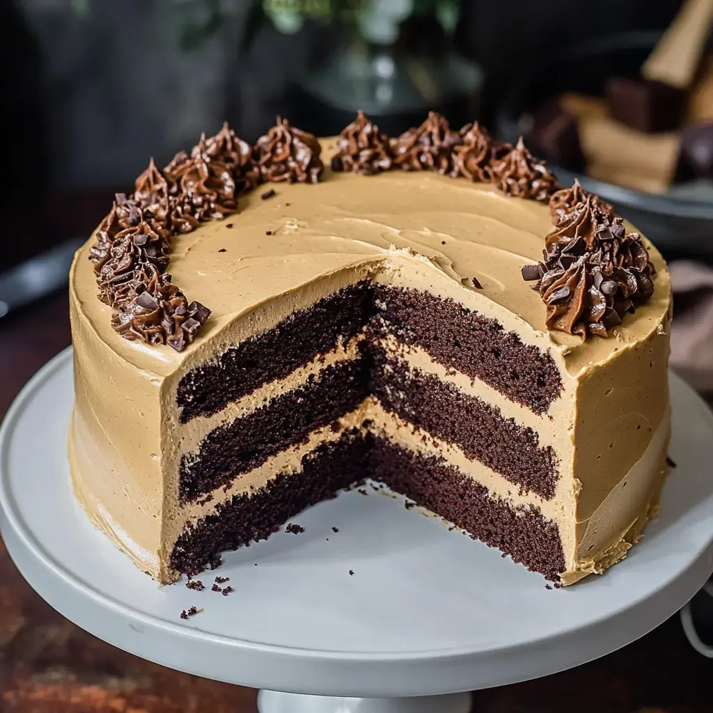 A chocolate layer cake with caramel frosting and decorative chocolate swirls on top, featuring a cut-out slice to reveal its layers.