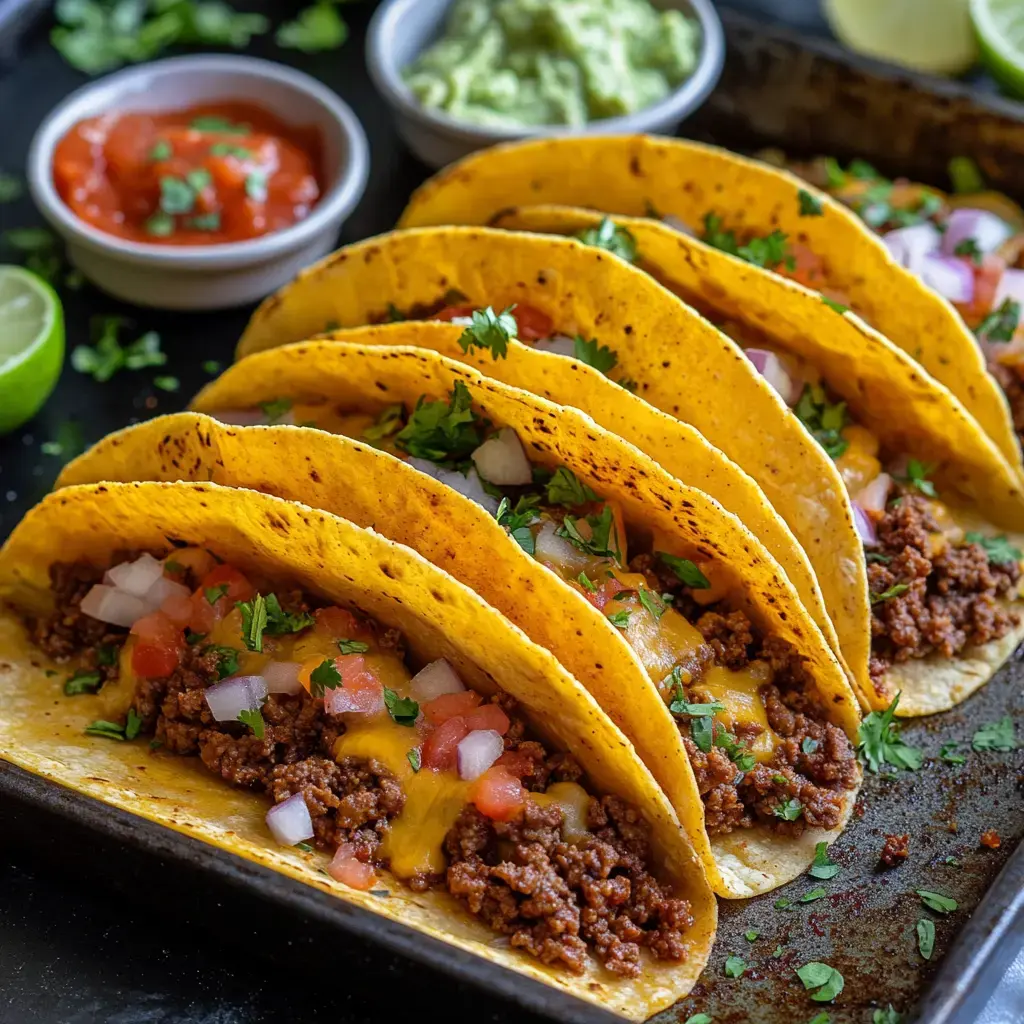 A close-up image of five taco shells filled with seasoned ground beef, cheese, diced tomatoes, onions, and topped with chopped cilantro, served with salsa and guacamole on the side.