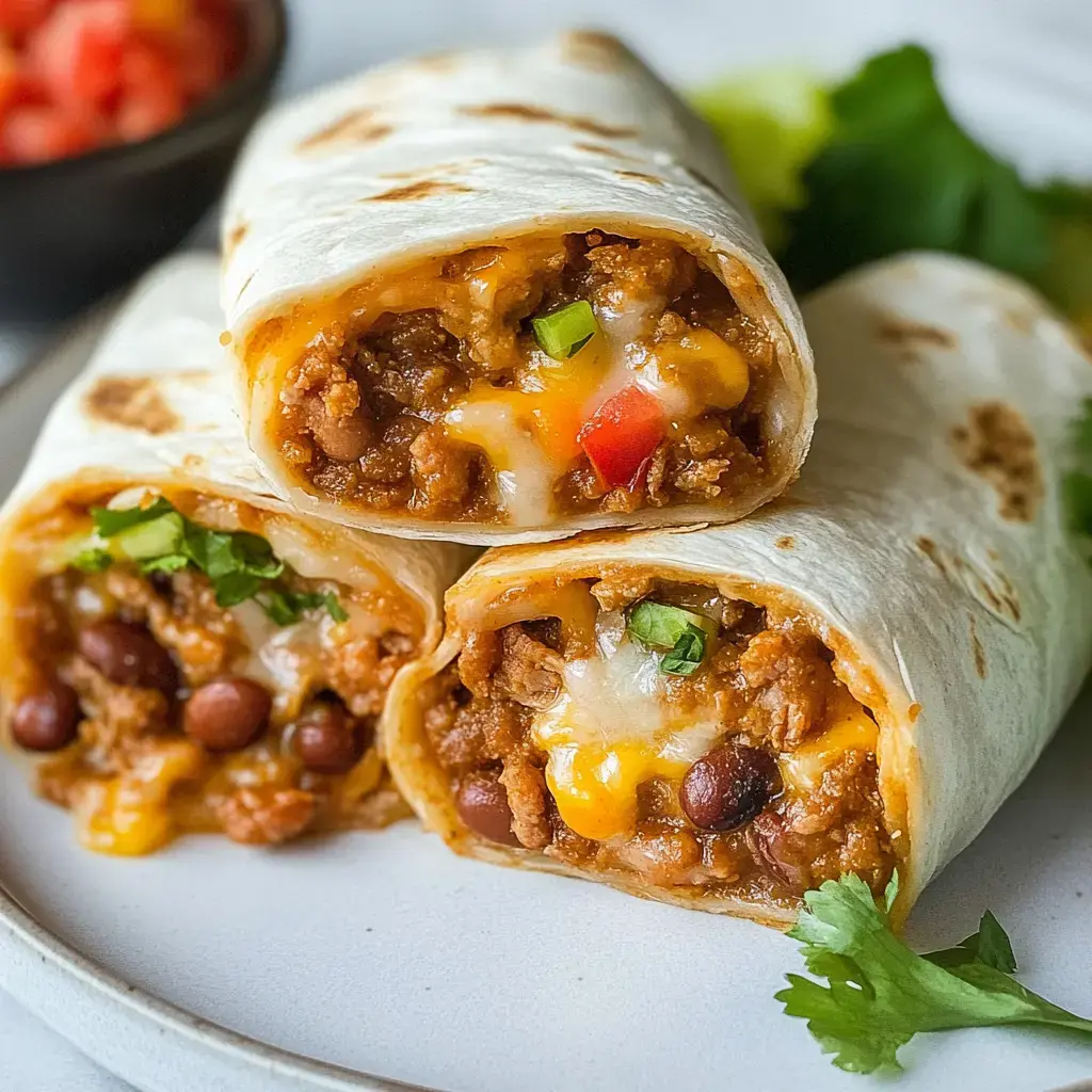 Three stuffed burritos with a mixture of meat, beans, and cheese are displayed on a plate, with fresh cilantro and diced tomatoes in the background.