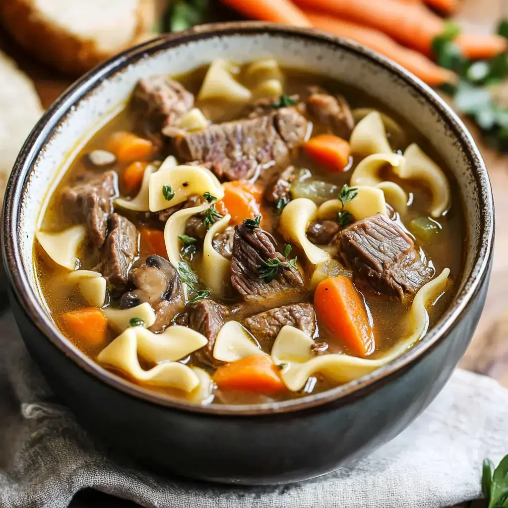 A bowl of hearty beef noodle soup containing pieces of beef, egg noodles, carrots, and herbs.