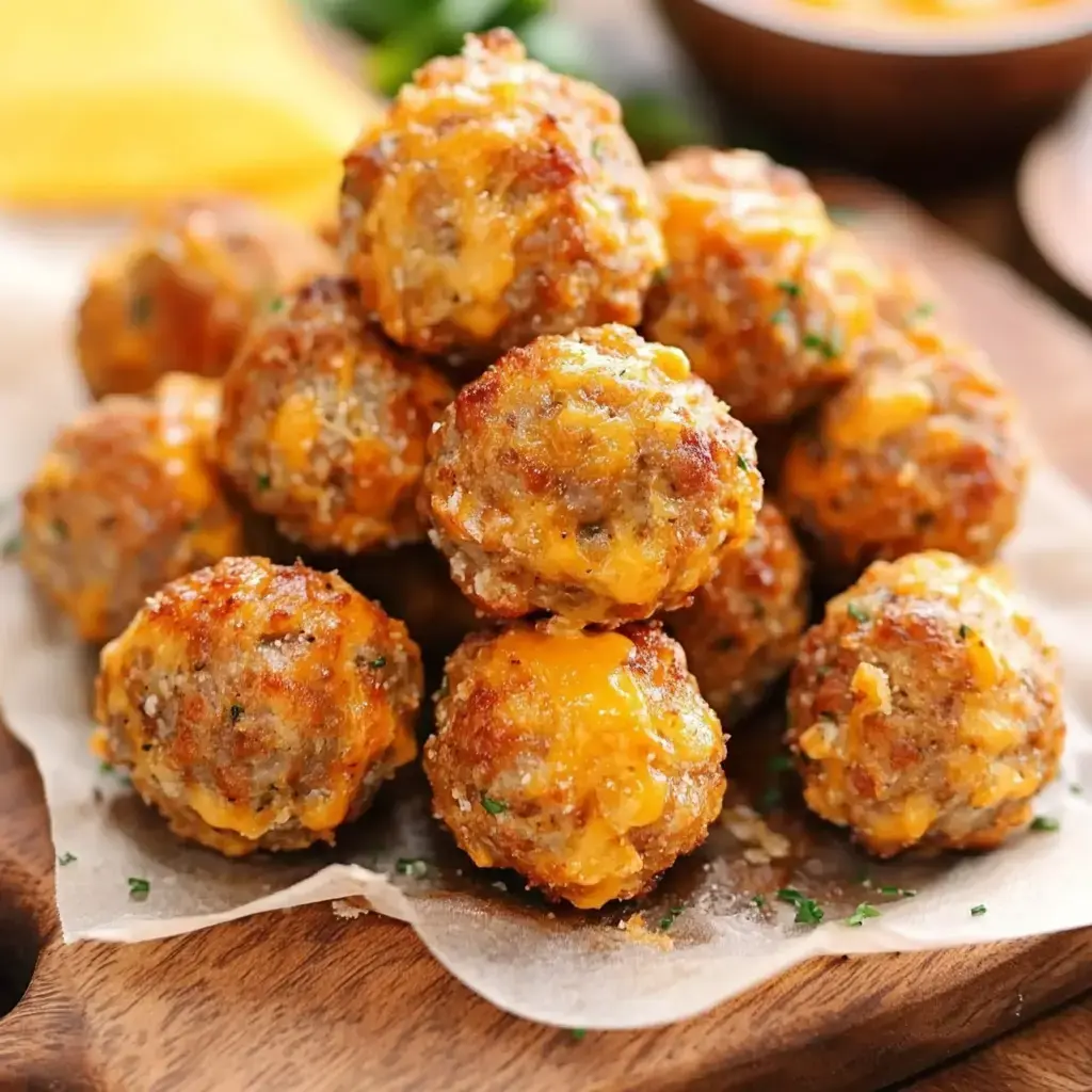 A pile of golden-brown cheese and sausage balls is arranged on a wooden platter, garnished with parsley.